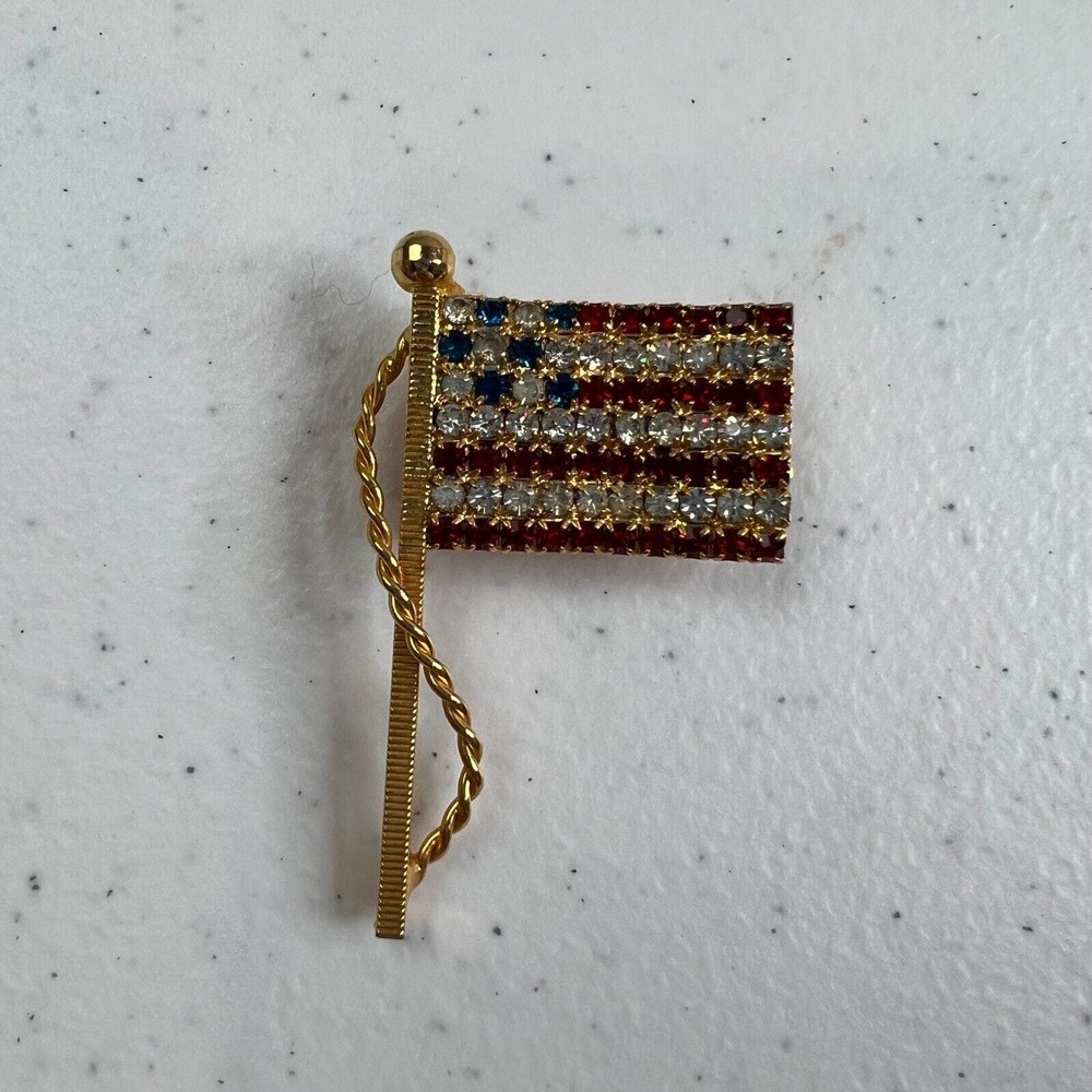 Vintage Red White & Blue Rhinestone Prong Set Patriotic American Flag Brooch Pin